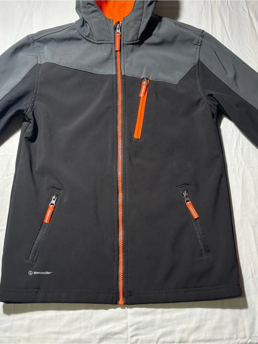 Boys Champion Venture Dry  Orange Fleece-Lined Rain Jacket with Gray Trim